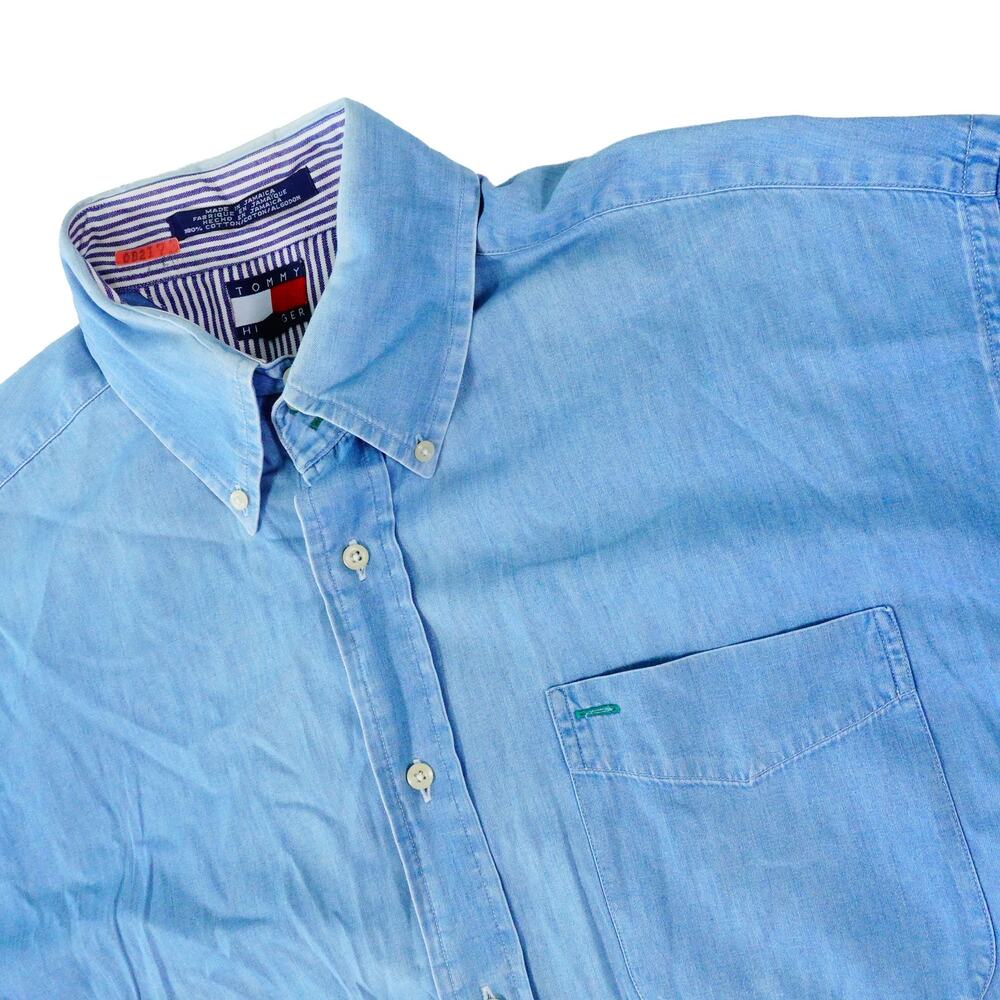 Tommy Hilfiger Vintage 90s Denim Jean Destressed Blue Button Up Shirt Mens Large